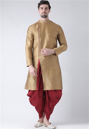 golden dupion silk angrakha style kurta with dhoti style