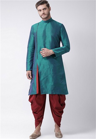 sea green dupion silk angrakha style kurta with dhoti style