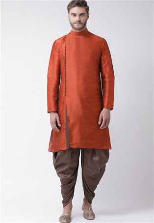 rust dupion silk angrakha style kurta with dhoti style