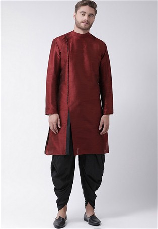 maroon dupion silk angrakha style kurta with dhoti style