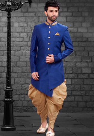 royal blue   indo-western mens short sherwani