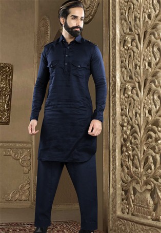 blue banarasi dhupion silk traditional pathani suit