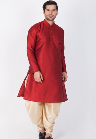 maroon banarasi dhupion silk kurta with dhoti
