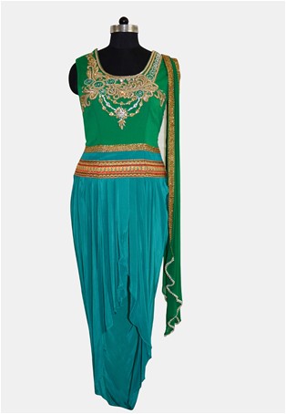 readymade green and firozi georgette and crepe draped dress