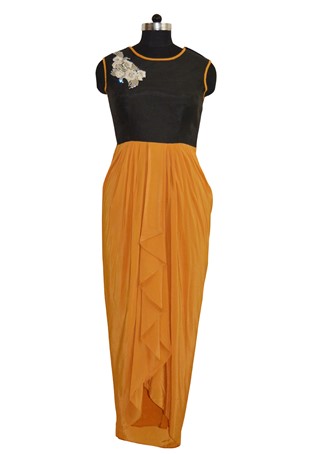 readymade black and light gold silk and crepe draped dress
