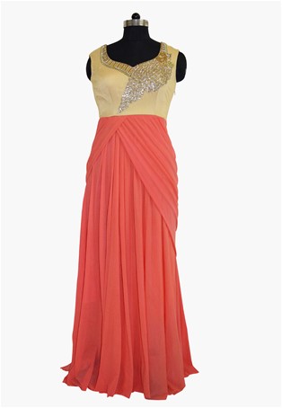 readymade beige and peach net and lycra draped dress