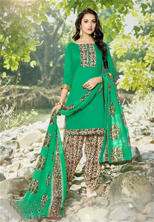 green cotton printed patiala salwar suit