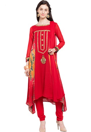 plus size readymade faux georgette straight suit in red