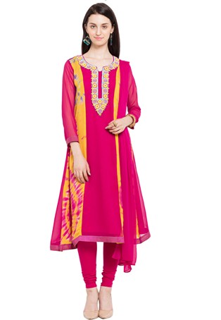 plus size pink faux georgette readymade straight suit in pink