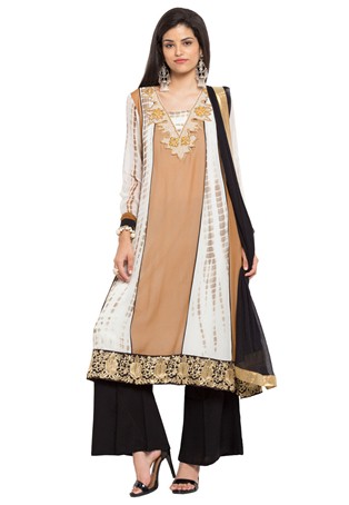 plus size readymade cotton straight suit in beige