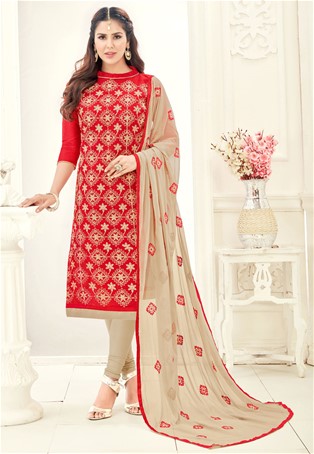 Red chanderi straight suit