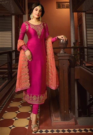 Kritika kamra in Rani Pink satin,georegtte straight suit