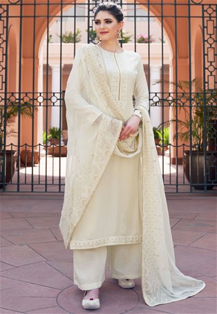 Digital Printed Art Silk Pakistani Suit in Off White : KCH10602