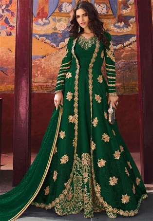 green semi-stitched floor length anarkali suit