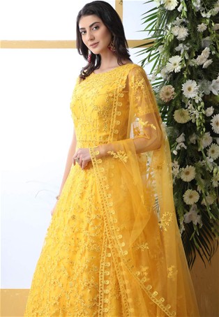 yellow net semi-stitched long anarkali suit