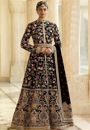 black markable velvet silt style long salwar kameez