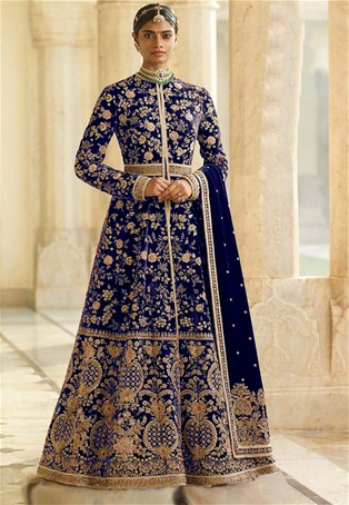 blue markable velvet silt style long salwar kameez
