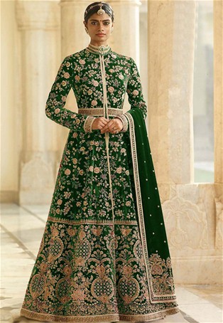 green markable velvet silt style long salwar kameez