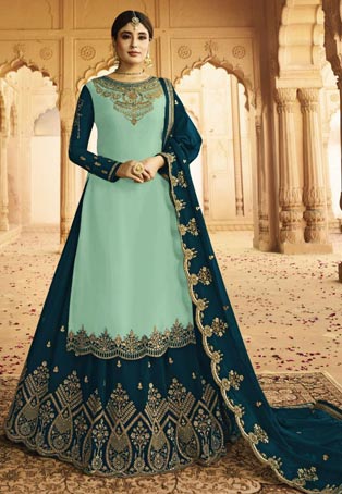 sea green rangoli silk pakistani bridal wear salwar kameez