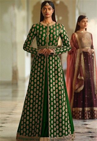 green heavy silk slit style salwar kameez
