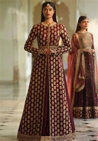 maroon heavy silk slit style salwar kameez