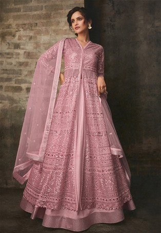 pink butterfly net slit style salwar kameez