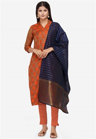 cotton satin straight pant salwar kameez in orange color