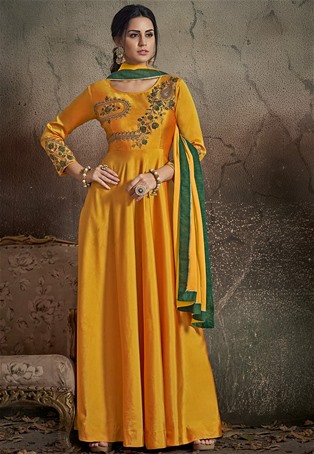 yellow soft tapeta silk gown style salwar kameez