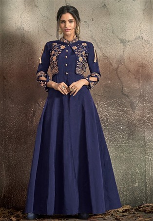 blue soft tapeta silk gown style salwar kameez