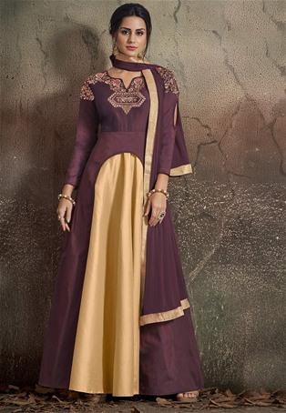 wine,gold soft tapeta silk gown style salwar kameez