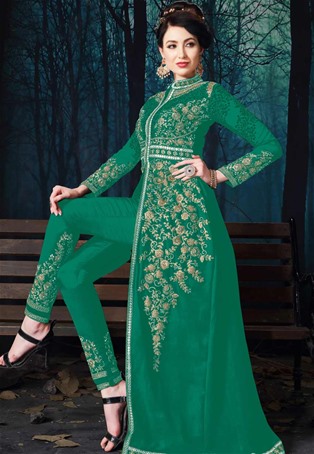 green pure georgeete slit style salwar kameez