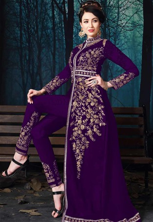 purple pure georgeete slit style salwar kameez