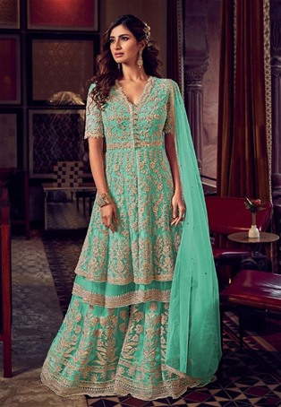 turquoise georgette embroidered sharara salwar kameez