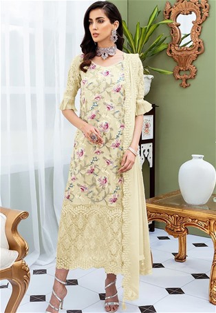 light yellow heavy net embroidered salwar kameez