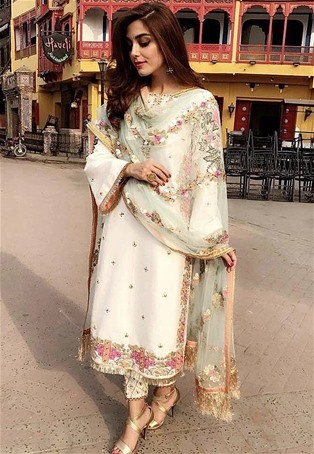 white faux georgette embroidered salwar kameez