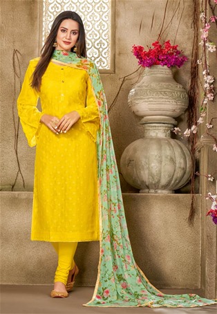 yellow chanderi cotton churidar salwar kameez