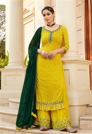 yellow foux georgette embroidered palazzo salwar kameez