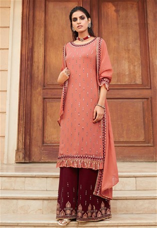 peach foux georgette embroidered palazzo salwar kameez