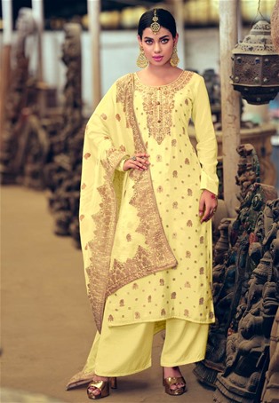 yellow silk jacquard pakistani salwar kameez