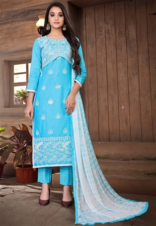 blue glass cotton straight pant salwar kameez