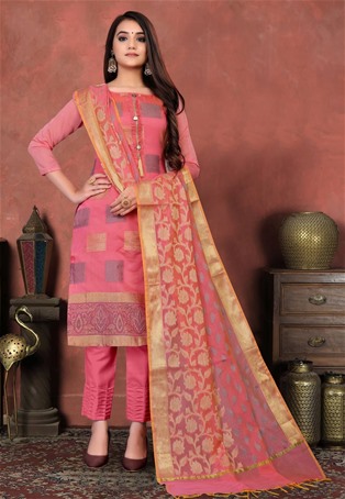 pink banarasi silk straight pant salwar kameez