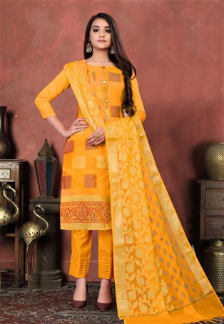 yellow banarasi silk straight pant salwar kameez