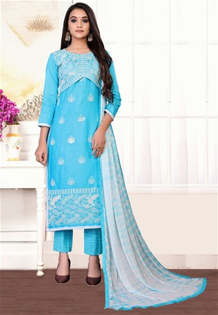 sky blue glass cotton straight pant salwar kameez