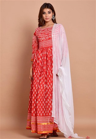 red rayon gown style salwar kameez