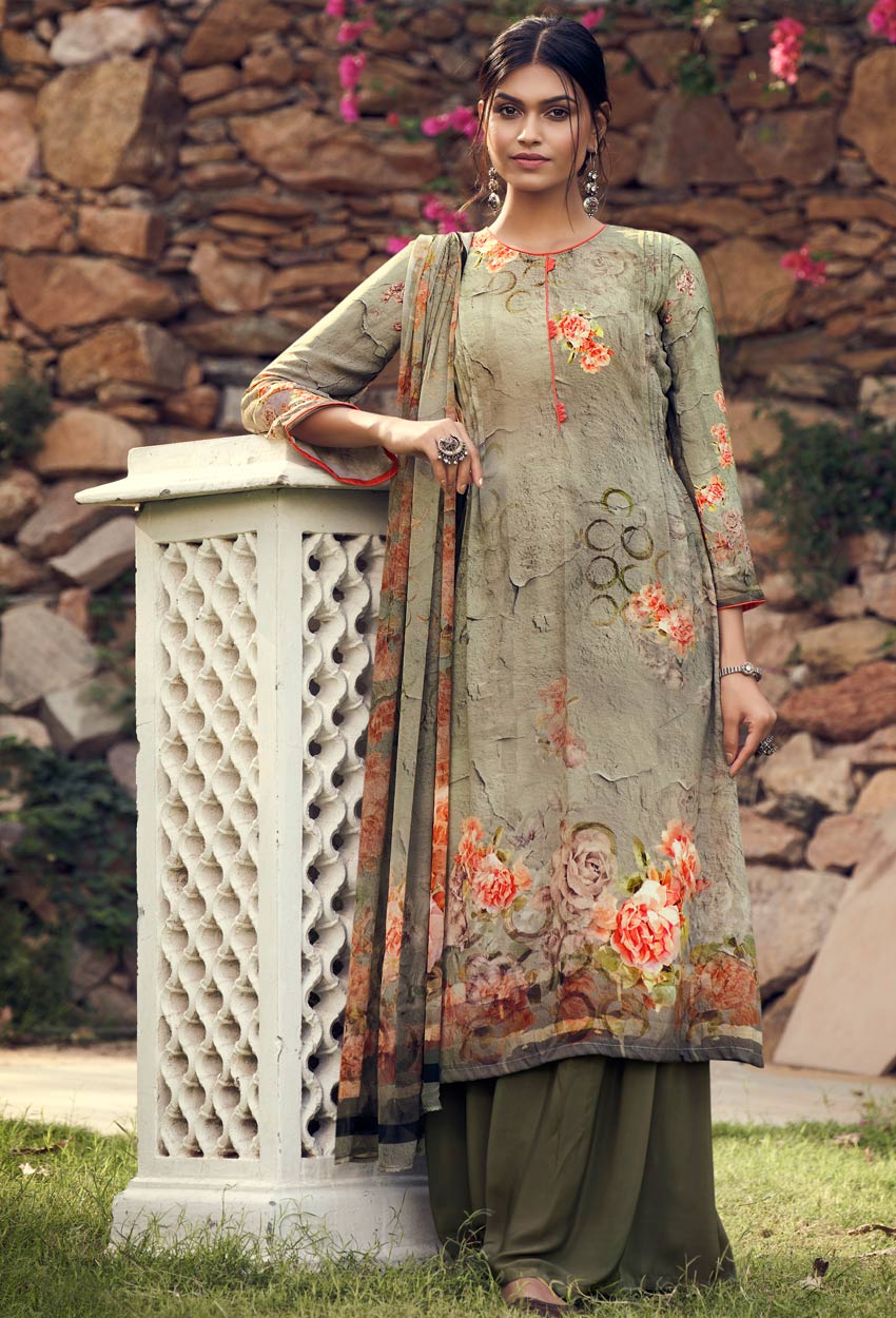 Ganga Honey Pista With Peach Print Silk Satin Printed Designer