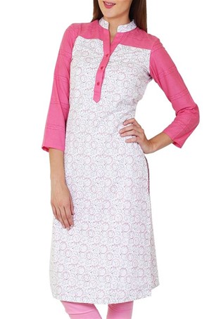 white and pink cotton printed kurta with
