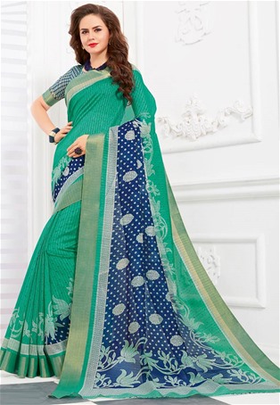 green silk printed saree