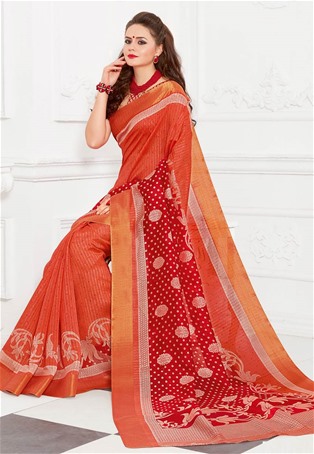 orange silk printed saree