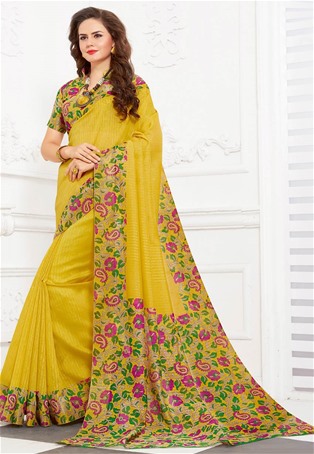 yellow silk printed saree