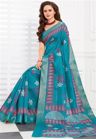 blue silk printed saree